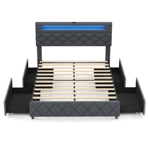 Full/Queen Size Bed Frame with Adjustable Storage Headboard and Wooden Slat Support-Full