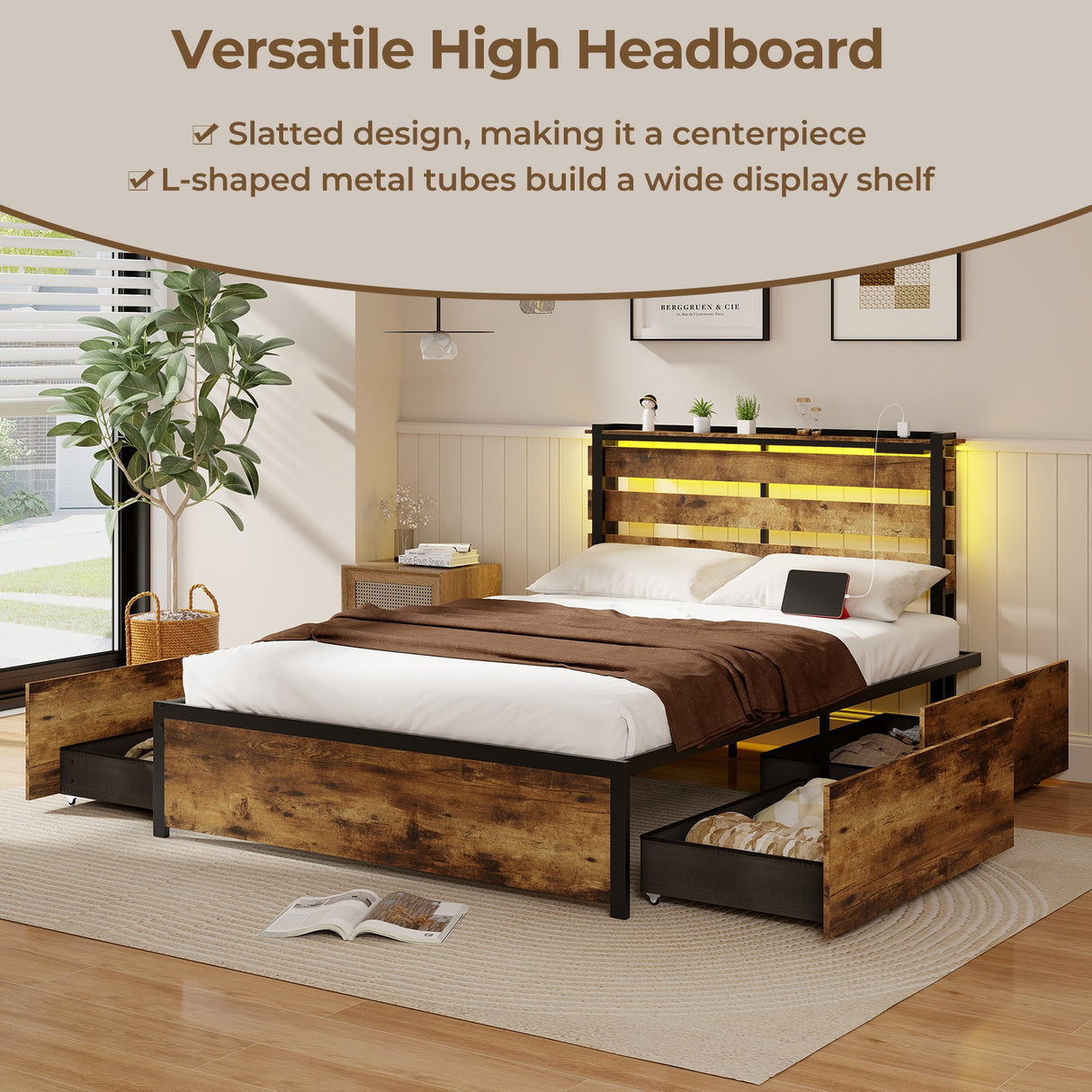 Full/Queen/Twin Size Bed Frame with Drawers LED Lights and USB Ports-Full Size