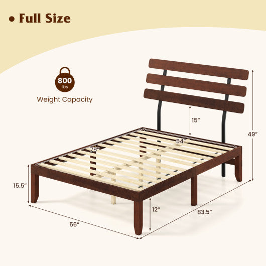 Full Size Bed Frame 15.5 Inch Solid Wood Platform Bed with Retro Headboard