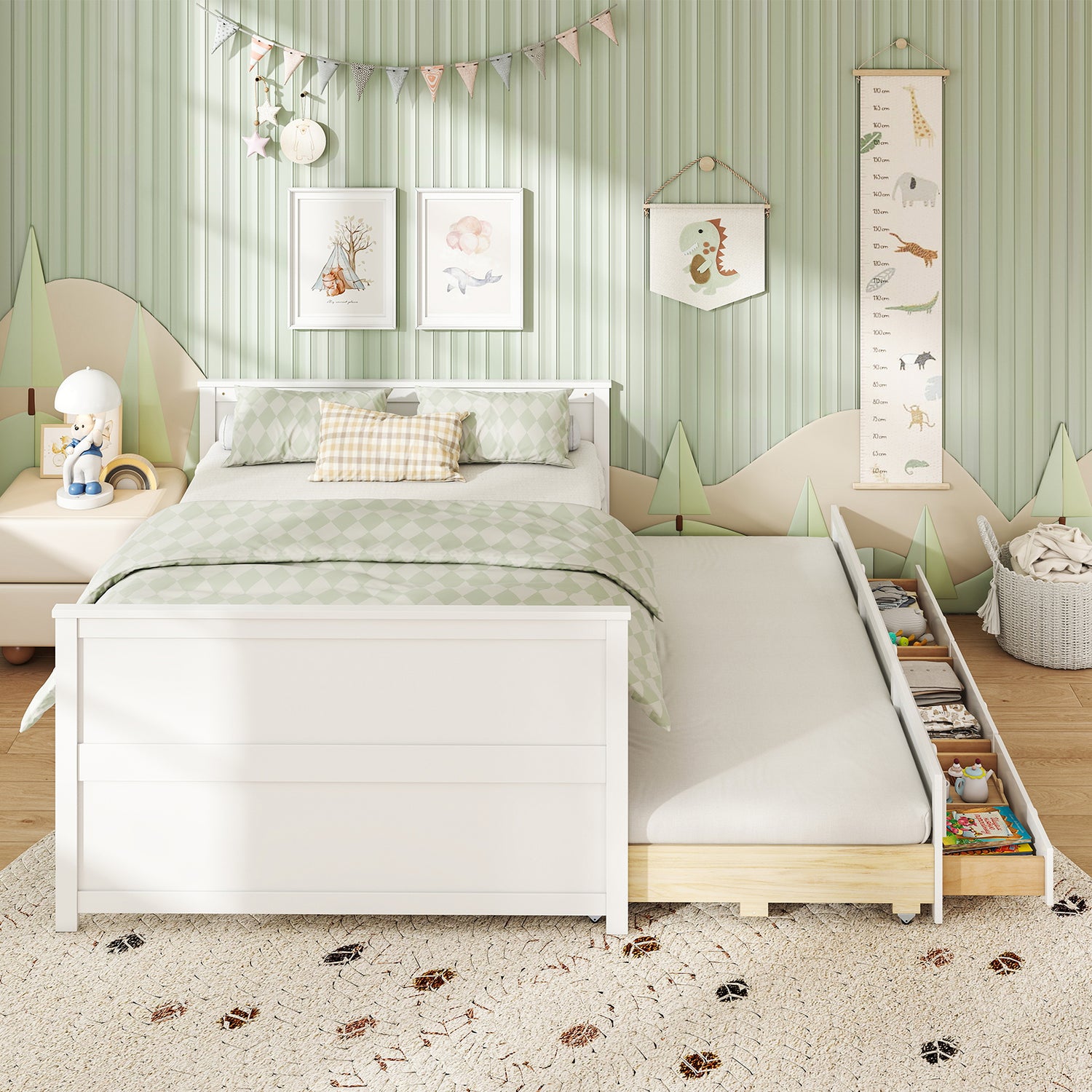 Full Size Bed Frame with Twin Trundle and 3 Storage Drawers for Teens Adults-White