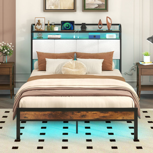 Twin/Full/Queen/King Size Bed Frame with LED Light and Charging Station-Full Size