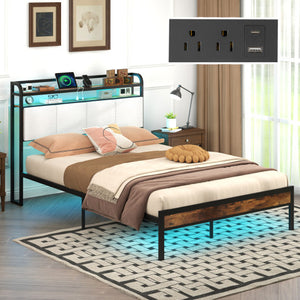 Twin/Full/Queen/King Size Bed Frame with LED Light and Charging Station-Full Size
