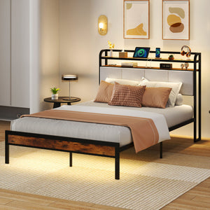Twin/Full/Queen/King Size Bed Frame with LED Light and Charging Station-Full Size