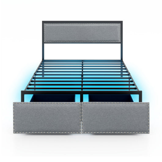 Full/Queen/Twin Size Bed Frame with LED Lights Drawer and Metal Slats-Full Size