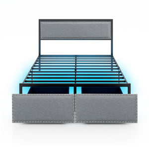 Full/Queen/Twin Size Bed Frame with LED Lights Drawer and Metal Slats-Full Size