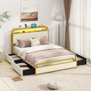 Twin/Full/Queen Size Bed Frame with LED Lights and Charging Station Gold-Full Size