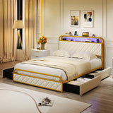 Twin/Full/Queen Size Bed Frame with LED Lights and Charging Station Gold-Full Size