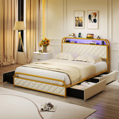 Twin/Full/Queen Size Bed Frame with LED Lights and Charging Station Gold-Full Size