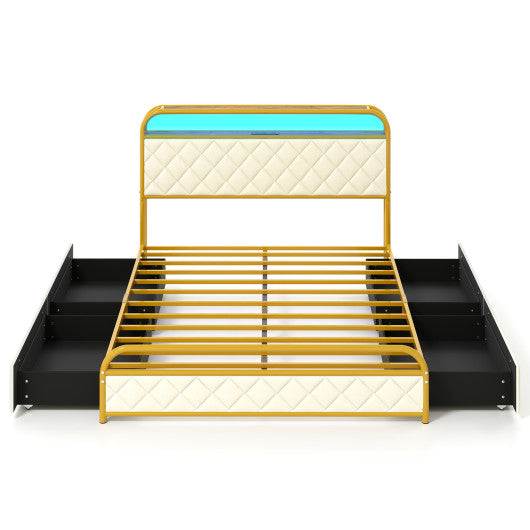Twin/Full/Queen Size Bed Frame with LED Lights and Charging Station Gold-Full Size