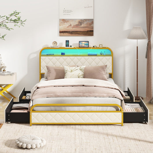 Twin/Full/Queen Size Bed Frame with LED Lights and Charging Station Gold-Full Size