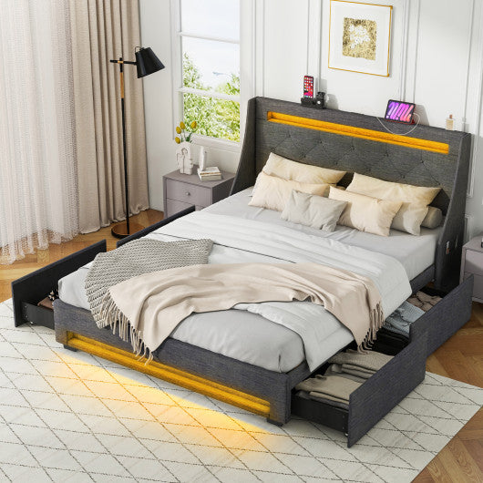 Full Size Bed Frame with LED Lights Wingback Headboard and Charging Station-Grey