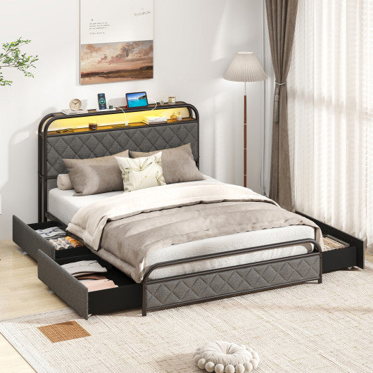 Twin/Full/Queen Size Bed Frame with LED Lights and Charging Station-Full Size