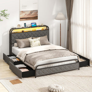 Twin/Full/Queen Size Bed Frame with LED Lights and Charging Station-Full Size