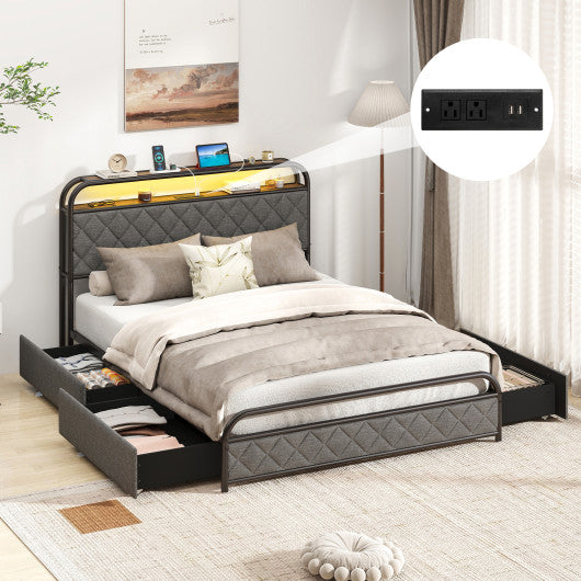 Twin/Full/Queen Size Bed Frame with LED Lights and Charging Station-Full Size