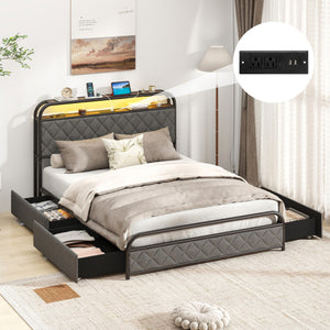 Twin/Full/Queen Size Bed Frame with LED Lights and Charging Station-Full Size