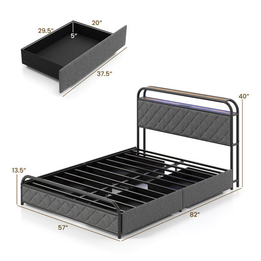 Twin/Full/Queen Size Bed Frame with LED Lights and Charging Station-Full Size