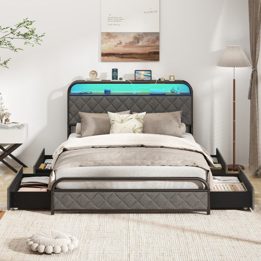 Twin/Full/Queen Size Bed Frame with LED Lights and Charging Station-Full Size