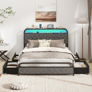 Twin/Full/Queen Size Bed Frame with LED Lights and Charging Station-Full Size