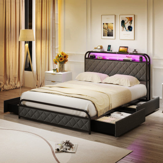 Twin/Full/Queen Size Bed Frame with LED Lights and Charging Station-Full Size