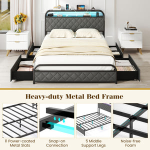 Twin/Full/Queen Size Bed Frame with LED Lights and Charging Station-Full Size