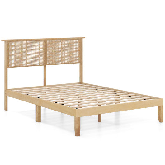 Twin/Full/Queen Size Bed Frame with Rattan Headboard-Full Size