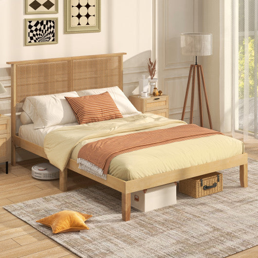 Twin/Full/Queen Size Bed Frame with Rattan Headboard-Full Size