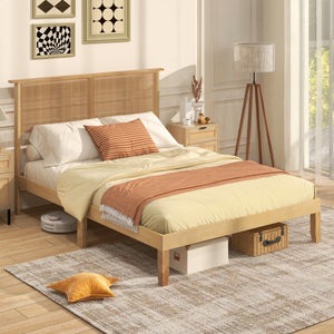 Twin/Full/Queen Size Bed Frame with Rattan Headboard-Full Size