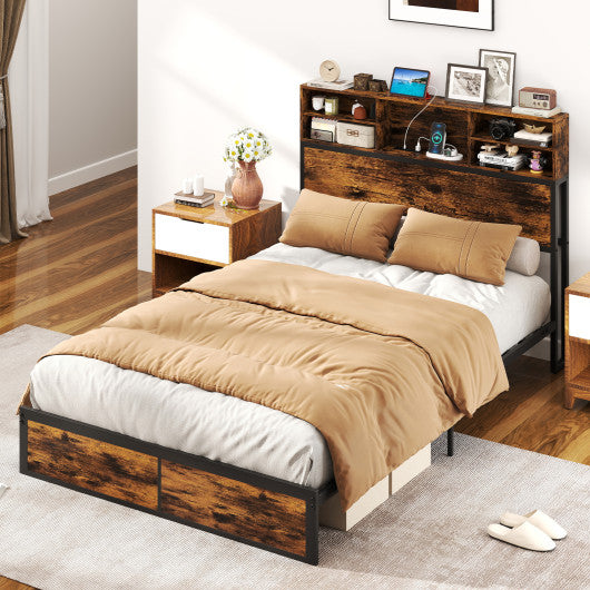 Twin/Full/Queen/King Size Bed Frame with Storage Headboard Industrial Metal Platform Bed-Full Size