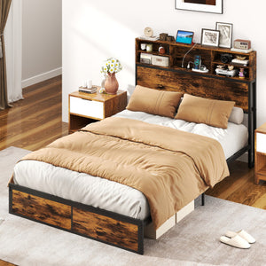 Twin/Full/Queen/King Size Bed Frame with Storage Headboard Industrial Metal Platform Bed-Full Size
