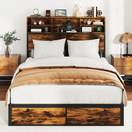 Twin/Full/Queen/King Size Bed Frame with Storage Headboard Industrial Metal Platform Bed-Full Size