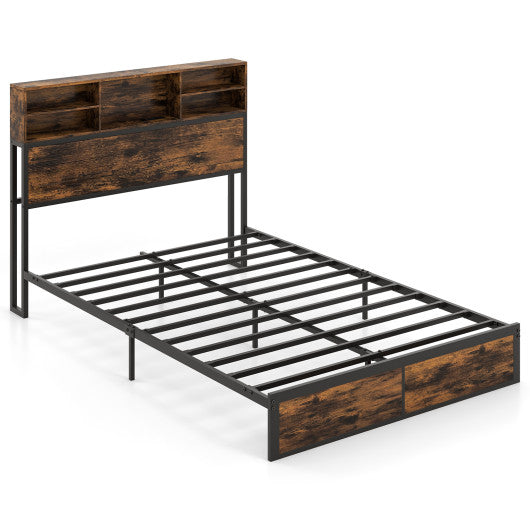 Twin/Full/Queen/King Size Bed Frame with Storage Headboard Industrial Metal Platform Bed-Full Size