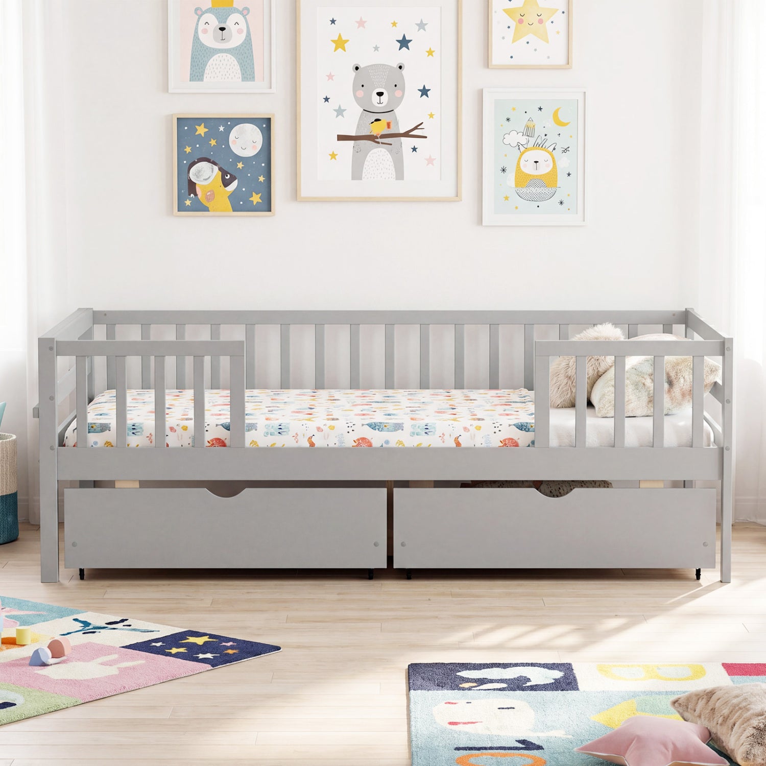Full Size Daybed with Fence and 2 Drawers for Boys and Girls-Gray