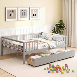 Full Size Daybed with Fence and 2 Drawers for Boys and Girls-Gray