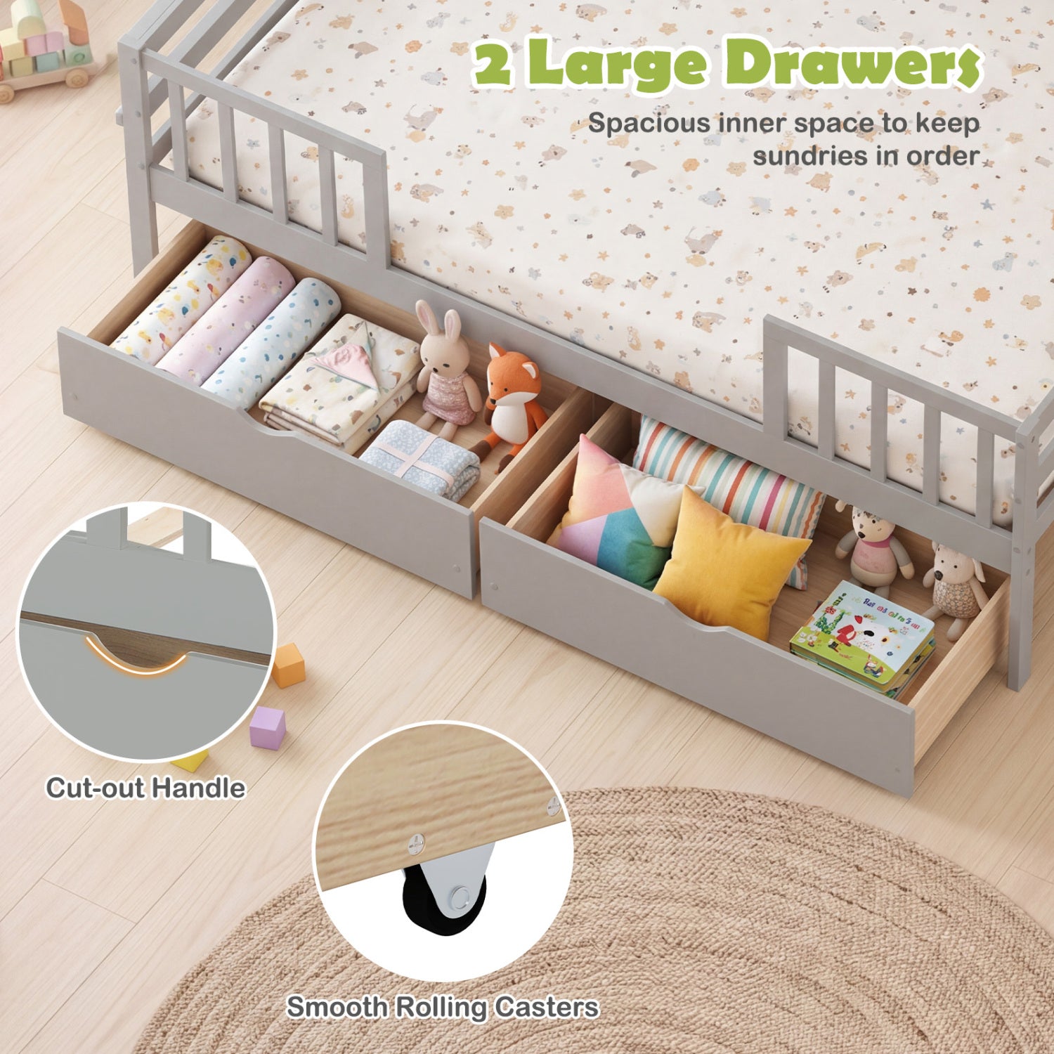 Full Size Daybed with Fence and 2 Drawers for Boys and Girls-Gray