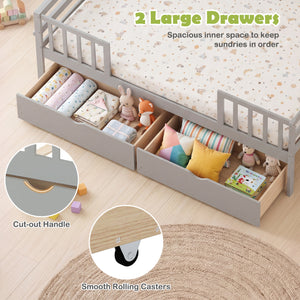 Full Size Daybed with Fence and 2 Drawers for Boys and Girls-Gray