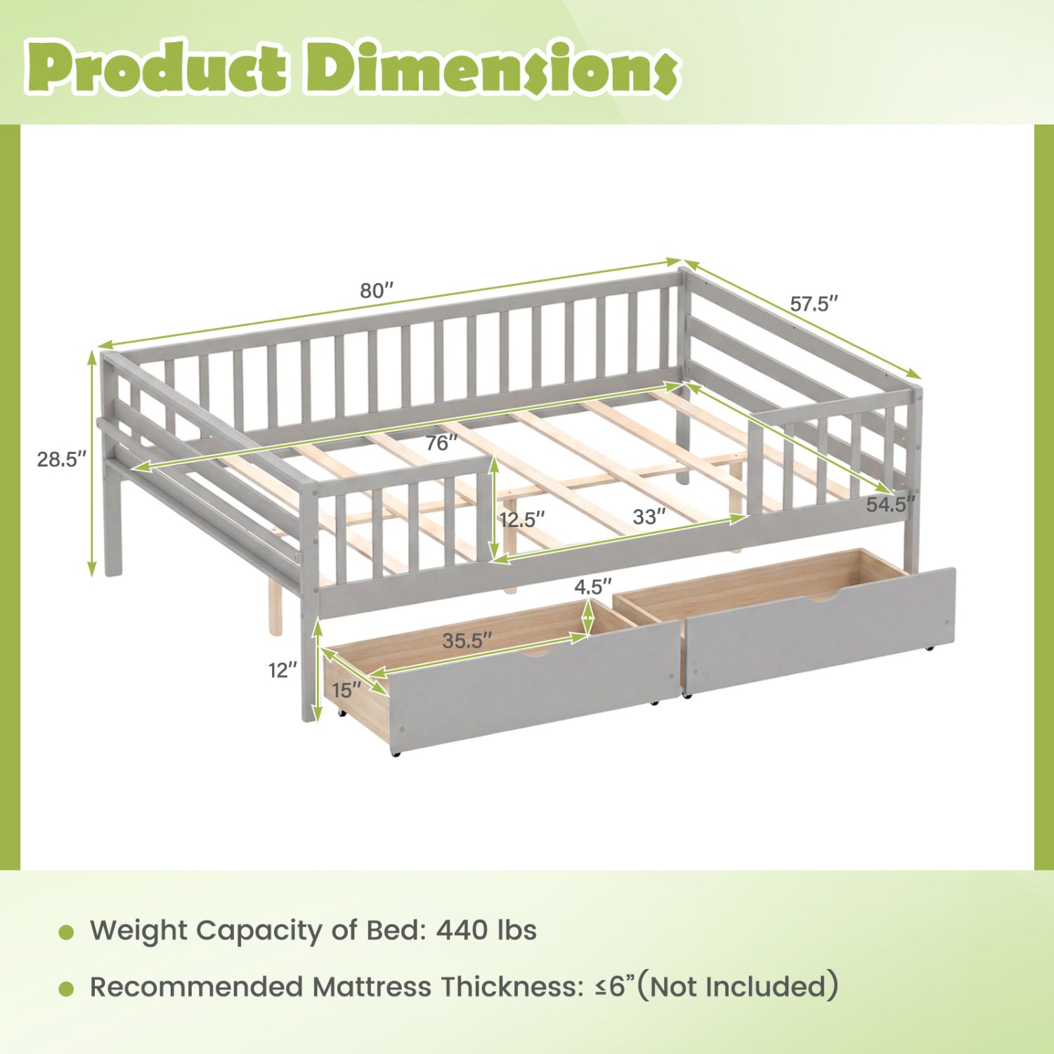 Full Size Daybed with Fence and 2 Drawers for Boys and Girls-Gray