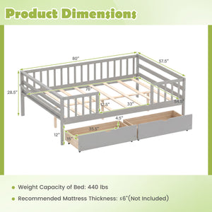 Full Size Daybed with Fence and 2 Drawers for Boys and Girls-Gray