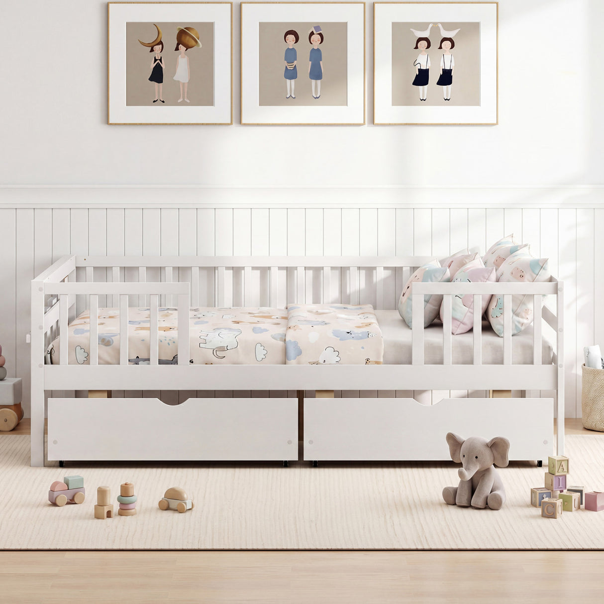 Full Size Daybed with Fence and 2 Drawers for Boys and Girls-White