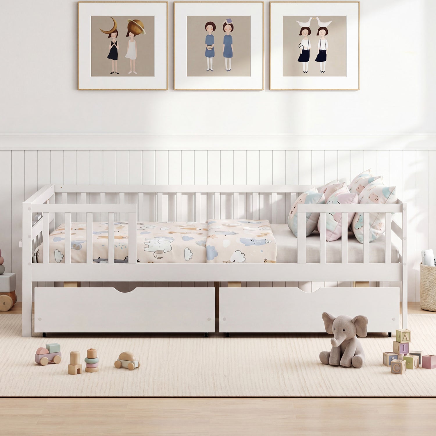 Full Size Daybed with Fence and 2 Drawers for Boys and Girls-White
