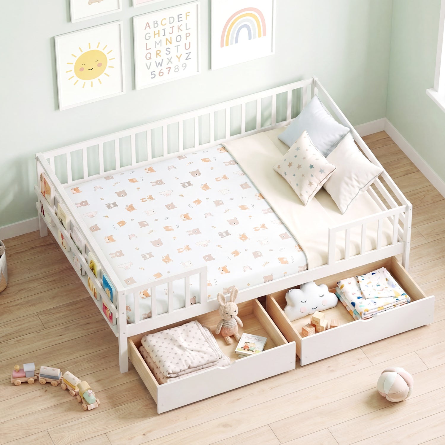 Full Size Daybed with Fence and 2 Drawers for Boys and Girls-White