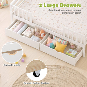 Full Size Daybed with Fence and 2 Drawers for Boys and Girls-White