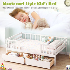 Full Size Daybed with Fence and 2 Drawers for Boys and Girls-White