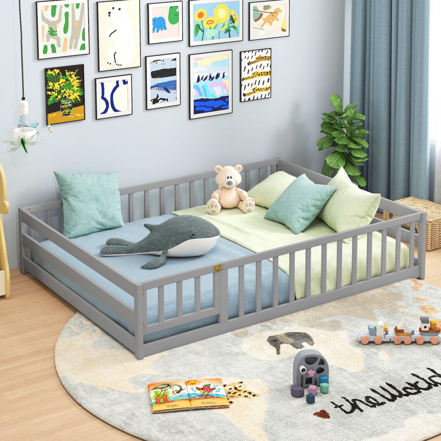Full Size Floor Bed with Full Length Safety Guardrails-Gray