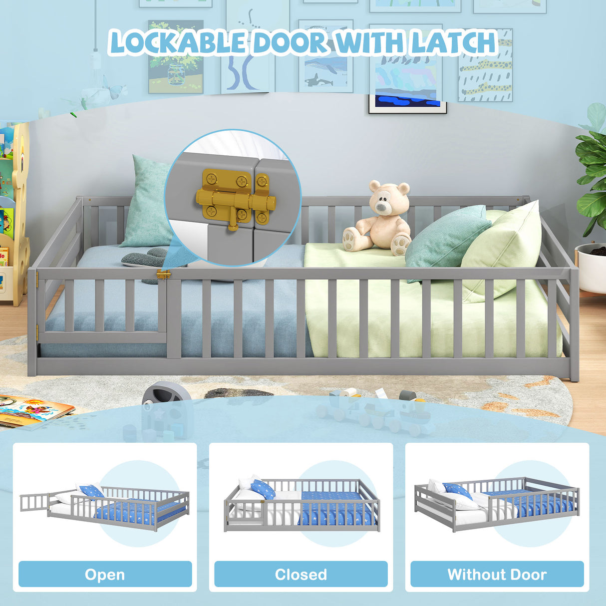 Full Size Floor Bed with Full Length Safety Guardrails-Gray