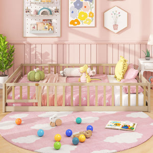 Full Size Floor Bed with Full Length Safety Guardrails-Natural