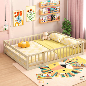 Full Size Floor Bed with Full Length Safety Guardrails-Natural