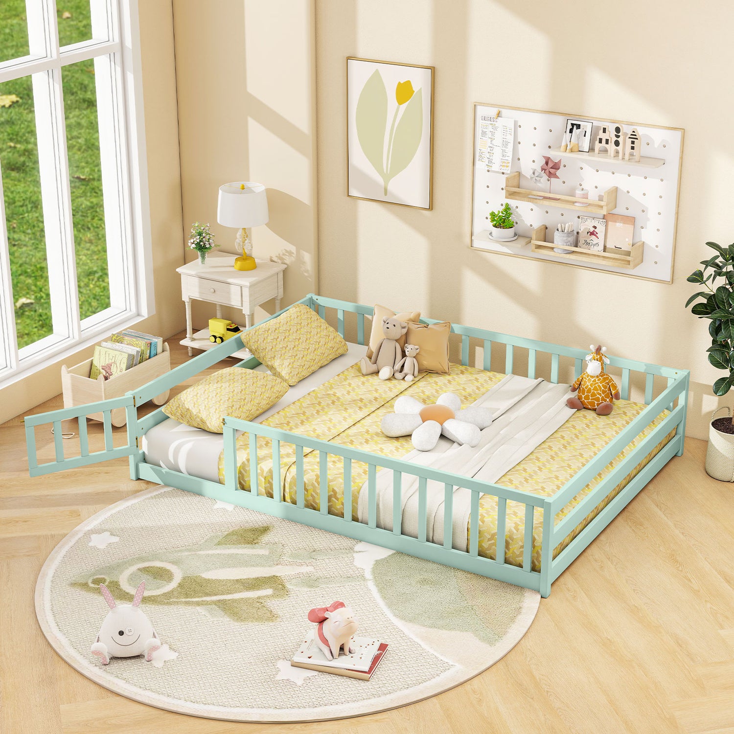 Full Size Floor Bed with Full Length Safety Guardrails-Light Green