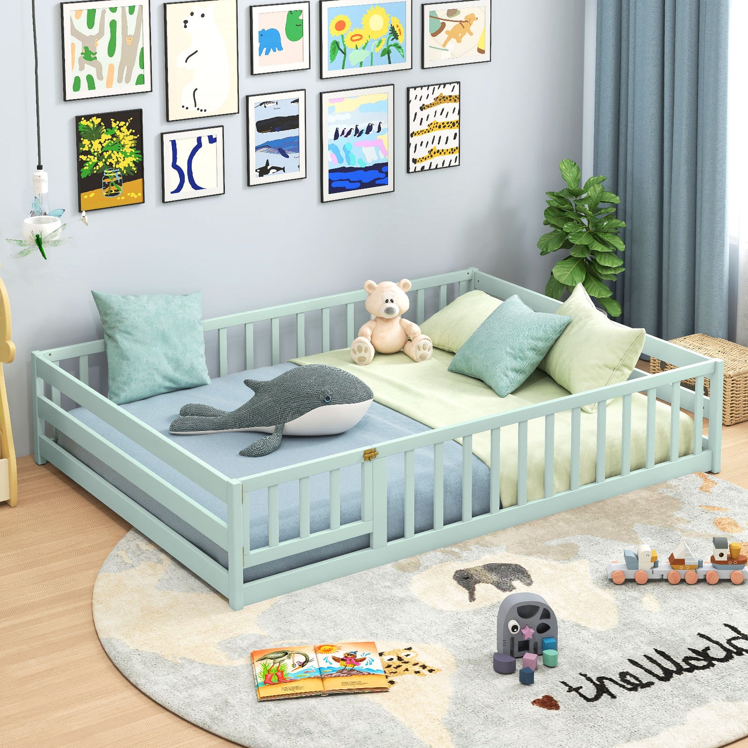 Full Size Floor Bed with Full Length Safety Guardrails-Light Green