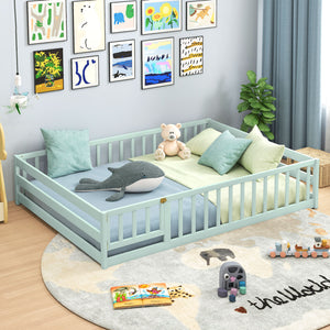 Full Size Floor Bed with Full Length Safety Guardrails-Light Green