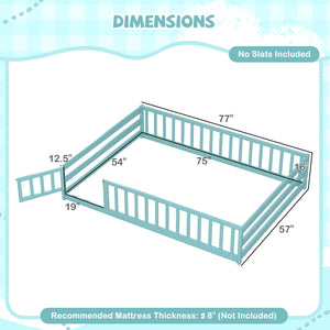 Full Size Floor Bed with Full Length Safety Guardrails-Dark Green